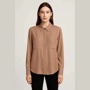 Theory 100 Silk Long Sleeve Tan Blouse button Down Size Large